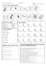 English Worksheet: Elementary test on Vocabulary: school objects, greetings, numbers (1-20), colours, months, days and seasons