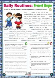 English Worksheet: Daily Routines  -  Present Simple -  Context: normal school day