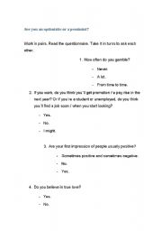 English Worksheet: Are you optimistic or pessimist about the future?