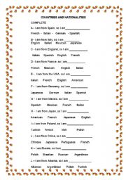 English Worksheet: COUNTRIES AND NATIONALITIES