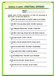 English Worksheet: Transformations (25 sentences to rewrite): 3rd type conditional