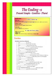English Worksheet: The ending -s: Present Simple - Genitive - Plural / Part 2 (2 pages)