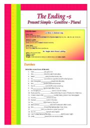 The ending -s: Present Simple - Genitive - Plural / Part 2 (2 pages)