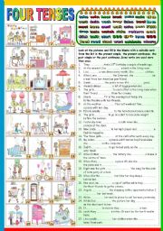 English Worksheet: FOUR TENSES- PRESENT SIMPLE- PRESENT CONTINUOUS-PAST SIMPLE- PAST CONTINUOUS (KEY+B&W VERSION INCLUDED)