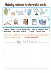 English worksheet: Bedroom furniture matching and dictation