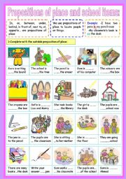 English Worksheet: prepositions of place and school items