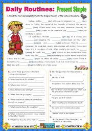 English Worksheet: Daily Routines  -  Simple Present  -  Context: normal day of a single engineer