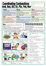 English Worksheet: Coordinating Conjunctions (And, But, So, Or, For, Yet, Nor)