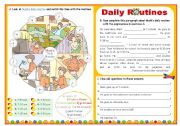 English Worksheet: Daily Routine  -  Focus on basic vocabulary  +  Simple Present  +  Wh-questions