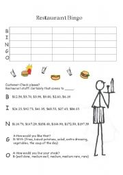 English Worksheet: Restaurant Bingo