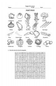 English Worksheet: Vegetables pictionary + word search activity