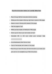 English worksheet: Following Instructions