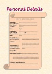 English Worksheet: Personal Details: CV / resume A1-A2 