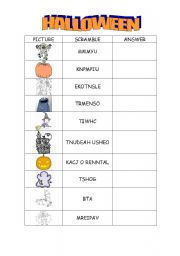 English worksheet: Halloween vocabulary. Scrambled words