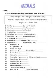 English Worksheet: Animals,animals body parts