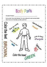 English Worksheet: Body Parts Coloring Activity