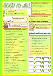 English Worksheet: Good vs Well  (Adjective vs Adverb)  (B/W & Keys)