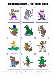 English Worksheet: Miming / Pantomime Cards - The Animal Speakolympics (set of 36 cards)