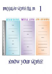 English Worksheet: Irregular Verbs Chart Fill-In (4 pages) {Fully Editable}