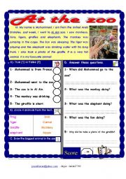 English Worksheet: Reading comprehension. Theme: At the zoo