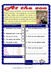 English Worksheet: Reading comprehension. Theme: At the zoo