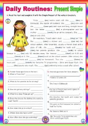 English Worksheet: Daily Routines  -  Present Simple  -  Context: a normal school day for an only child