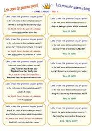 English Worksheet: LETS CROWN THE GRAMMAR QUEEN OR KING!  FUN CLASSROOM CHALLENGE  CARD GAME  fully editable speaking and listening activity  30 cards (SET 1)  clear how-to-play instructions included :))))