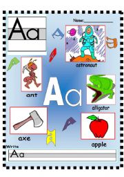 English Worksheet: Letter Aa Vocabulary poster and Writing worksheet