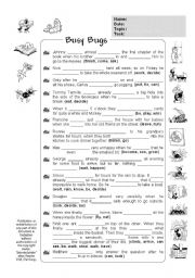 English Worksheet: Irregular Verbs, Past Simple, Past Continuous, Past Perfect, Past Perfect Continuous (+ Key) - Busy Bugs (by blunderbuster)