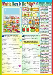 English Worksheet: WHAT IS THERE IN THE FRIDGE? FOOD+THERE IS/THERE ARE+QUANTIFIERS (SOME-ANY-A/AN-MUCH-MANY)+QUANTITIES (KEY+B&W VERSION INCLUDED)