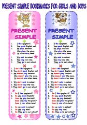 English Worksheet: Present Simple - Bookmarks for Girls and Boys
