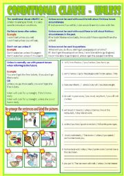 English Worksheet: Conditional Clause - Unless   (B/W & Answers)