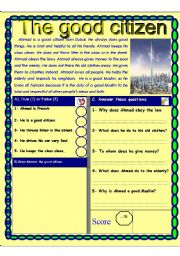 English Worksheet: Reading comprehension test. ( Being a good citizen) Theme (Citizenship and civic responsibilities)