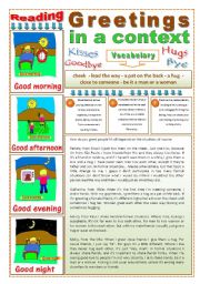 English Worksheet: GREETINGS IN A CONTEXT - (3 Pages) - 2 Reading & Comprehension Texts + 3 Instructions + 5 Exercises + 5 Extra Activities