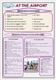 English Worksheet: At the airport (Role-play and Conversation) - 2 pages + B&W version