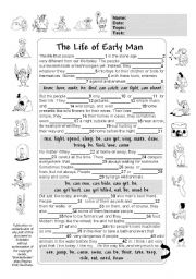 English Worksheet: Irregular Verbs & Past Tenses (+ Key & BW Version) - The Life of Early Man - Practice (Past Simple, Past Perfect + Passive & Past Modals) (by blunderbuster)