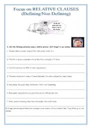 English Worksheet: RELATIVE CLAUSES :DEFINING/NON-DEFINING RELATIVE CLAUSES