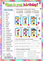 English Worksheet: Dates - ordinal numbers:  When is your birthday?