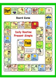 English Worksheet: PRESENT SIMPLE + DAILY ROUTINE (PART 4) 2 GAMES - BOARD GAME + key  AND BATTLESHIP - fully editable.