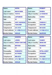 English Worksheet: 20 Verb TO BE personal information  cards for Oral Exam (5 pages)