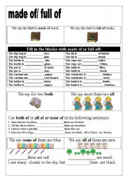 English Worksheet: made of/ full of ----- both of/ all of/  ---- some of / none of