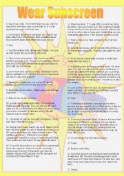 English Worksheet: Essay/song: WEAR SUNSCREEN 