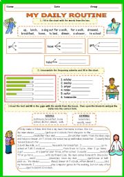 English Worksheet: DAILY ROUTINE Part 3 (Vocabulary and Present Simple - revision + key) 6 PAGES 9 EXERCISES