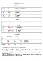 English worksheet: sentence structure  and present tenses