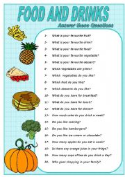 English Worksheet: FOOD AND DRINKS - QUESTIONS (editable)