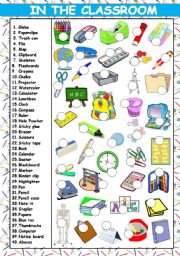 English Worksheet: IN THE CLASSROOM - 40 ITEMS (KEY AND B&W VERSION INCLUDED)