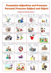 English Worksheet: POSSESSIVE ADJECTIVES AND PRONOUNS. PERSONAL PRONOUNS SUBJECT AND OBJECT