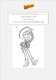 English Worksheet: Toy Story - Woody clothes/colouring in