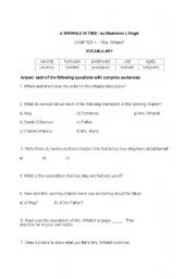 English worksheet: A Wrinkle in Time, chapters 1-6:  Reading comprehension, vocabulary, and more