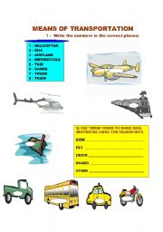 English worksheet: MEANS OF TRANSPORTATION AND VERBS